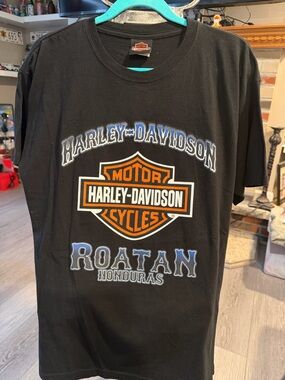 Harley-Davidson Black Tee with Orange & White Shield and Blue Lettering